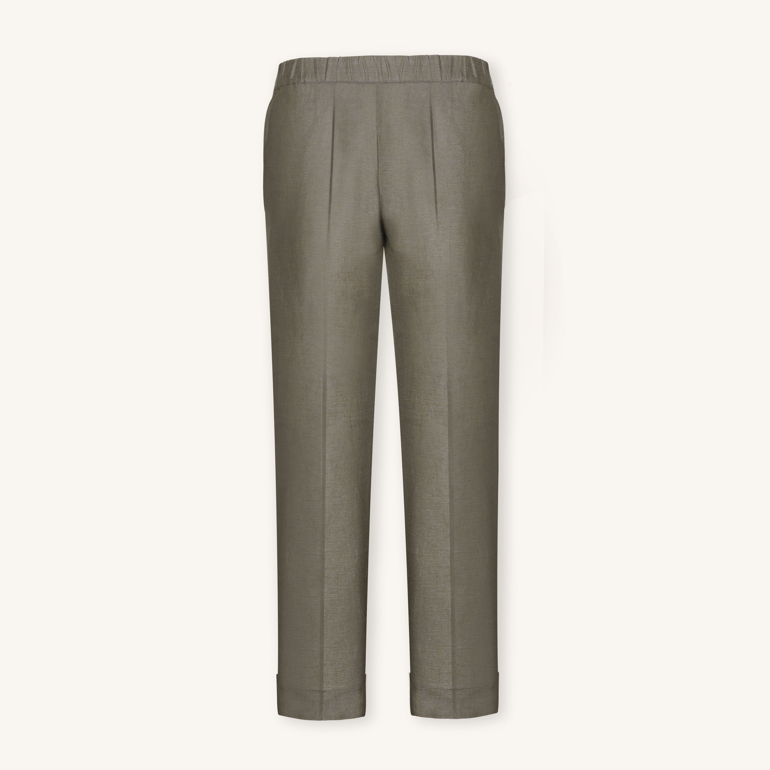 Rizvol women's smoked olive linen pants, front view