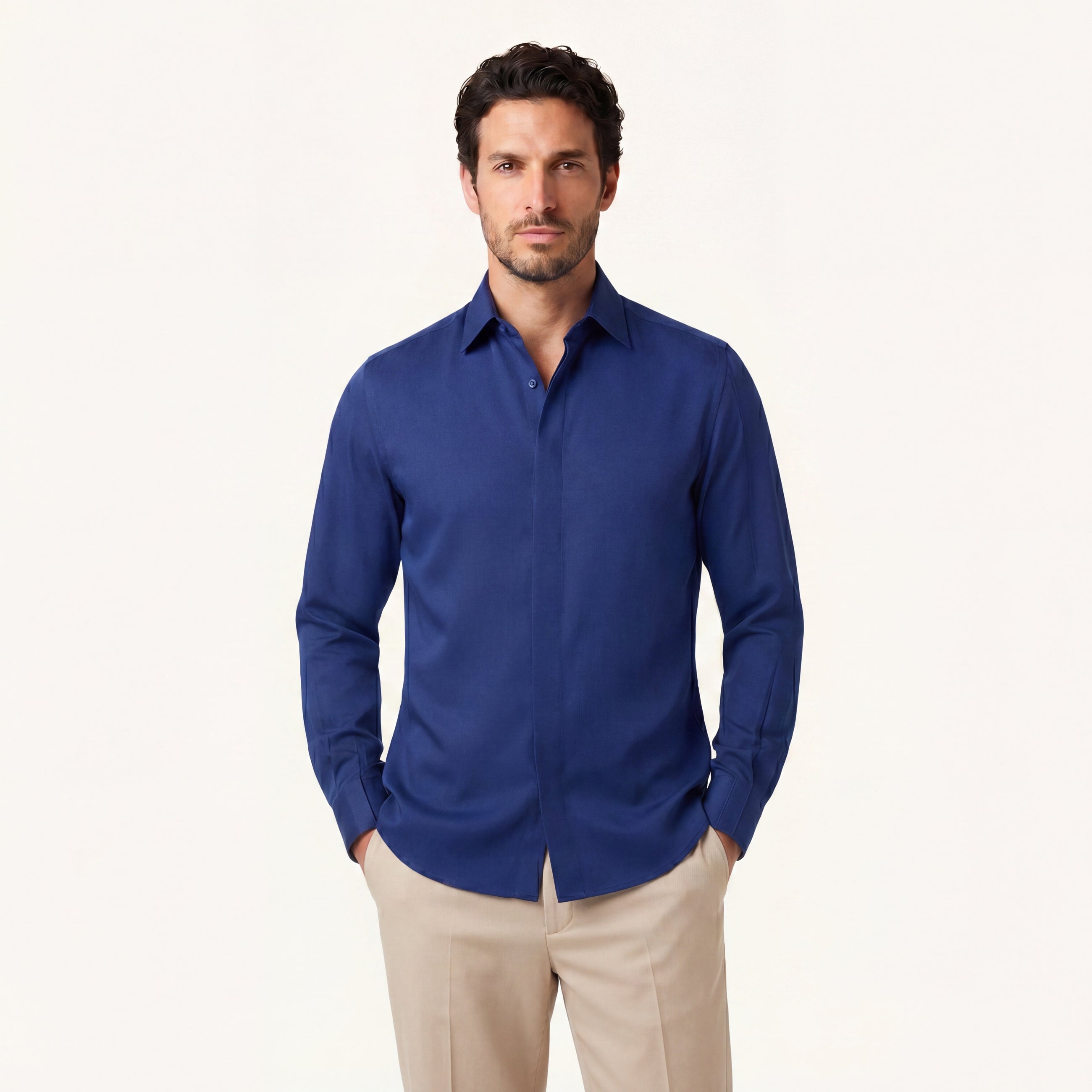 Model wearing Rizvol Cotton silk shirt in riva blue