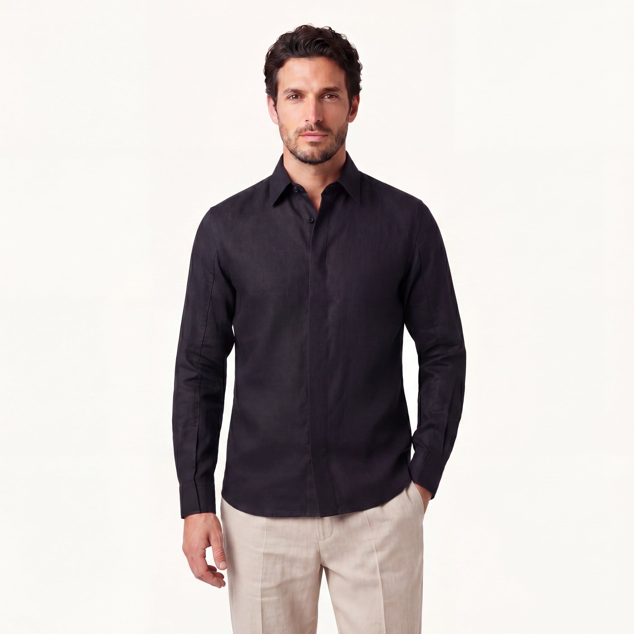 Model wearing Rizvol obsidian black linen shirt full look