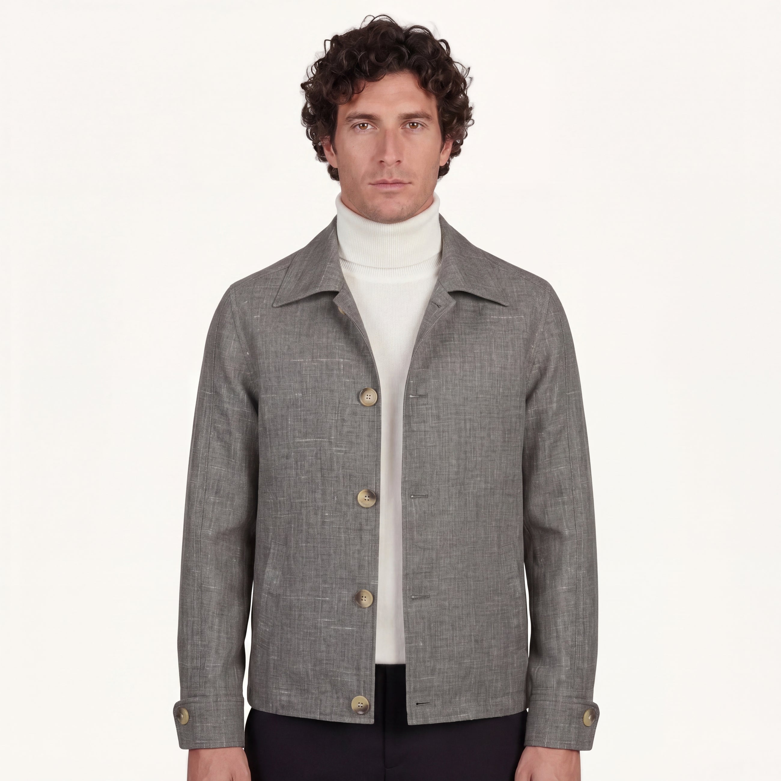 Model wearing Rizvol Grey jacket in wool silk linen