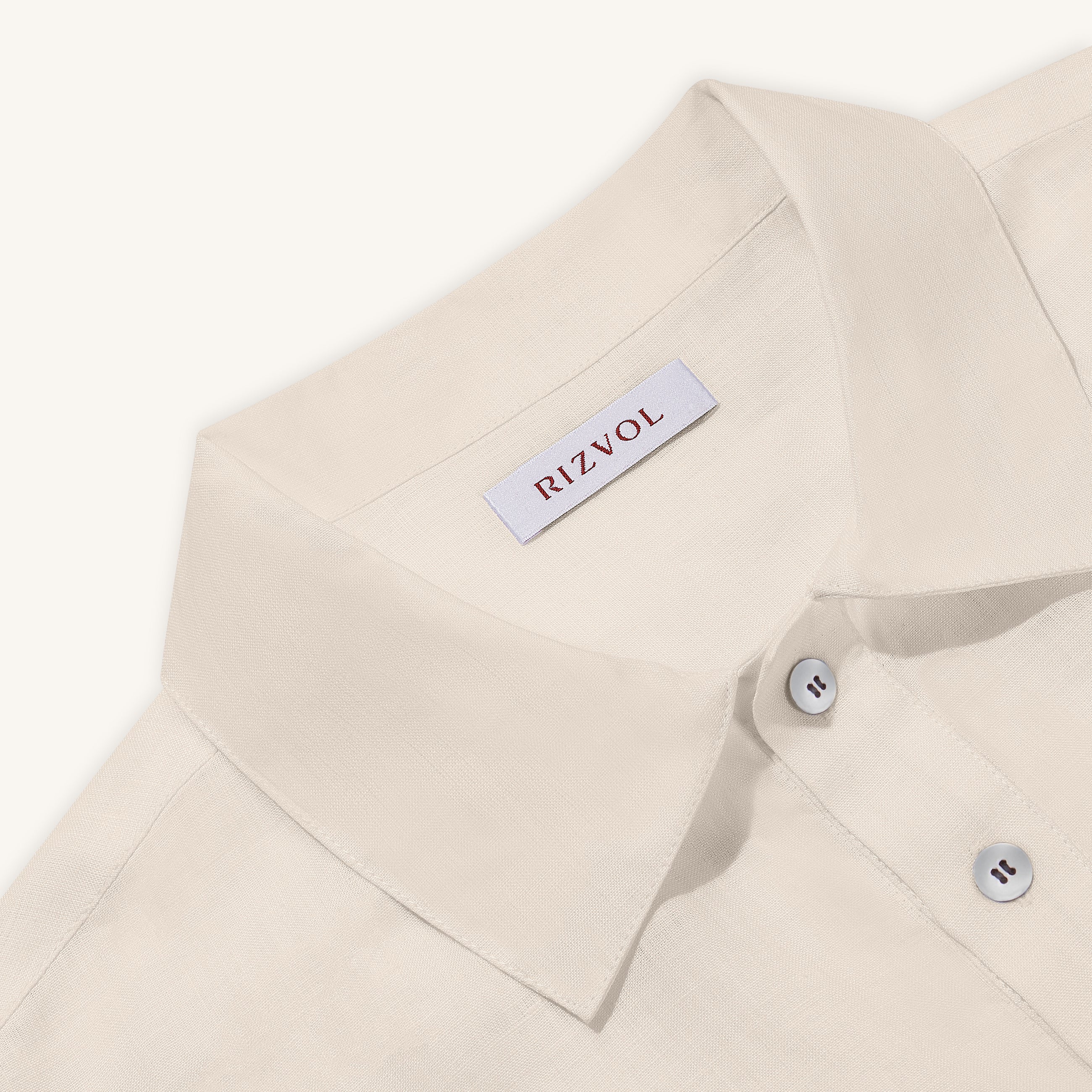Rizvol Ivory Ash Beige linen polo shirt, close-up