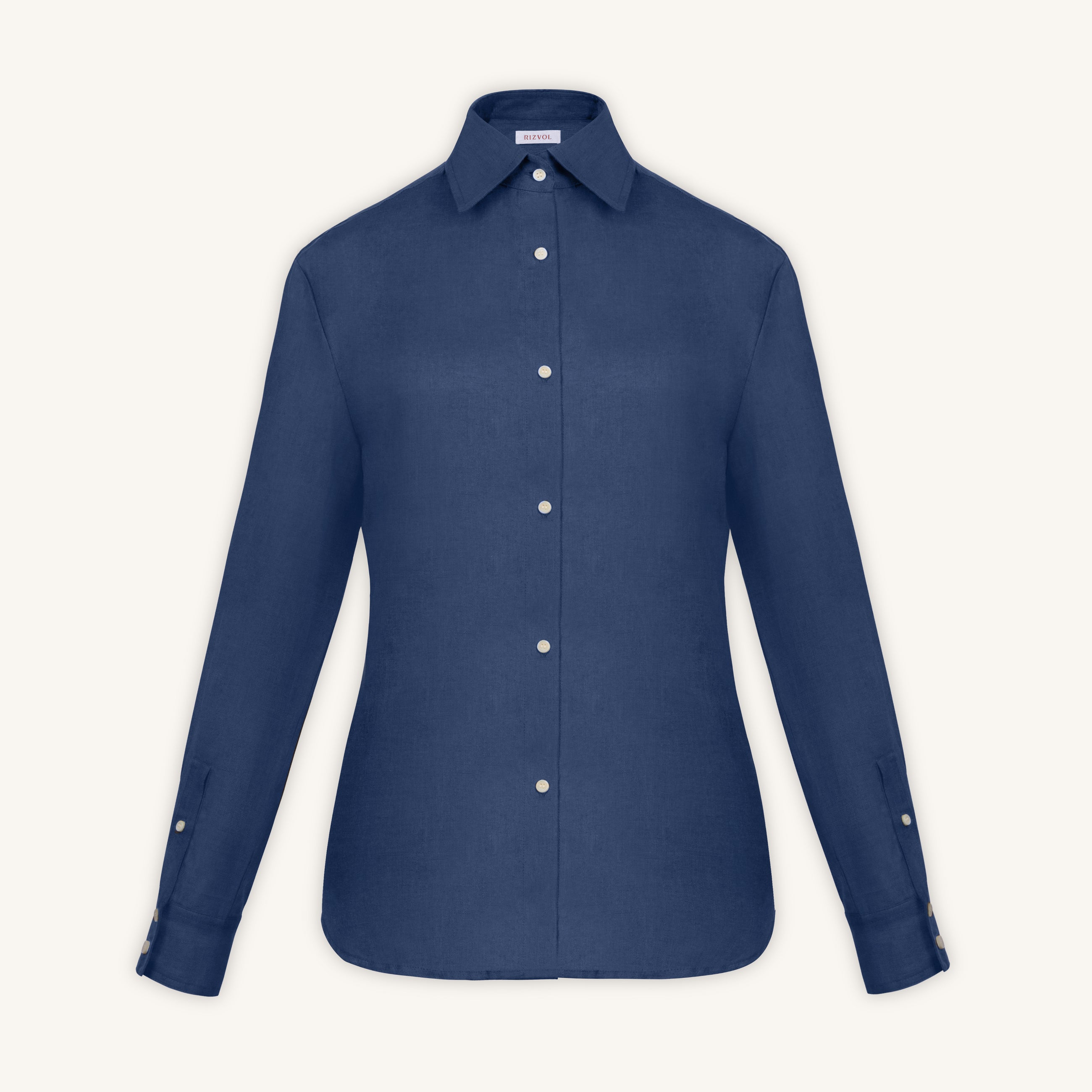 RIZVOL women's navy blue linen shirt, long sleeve, front view