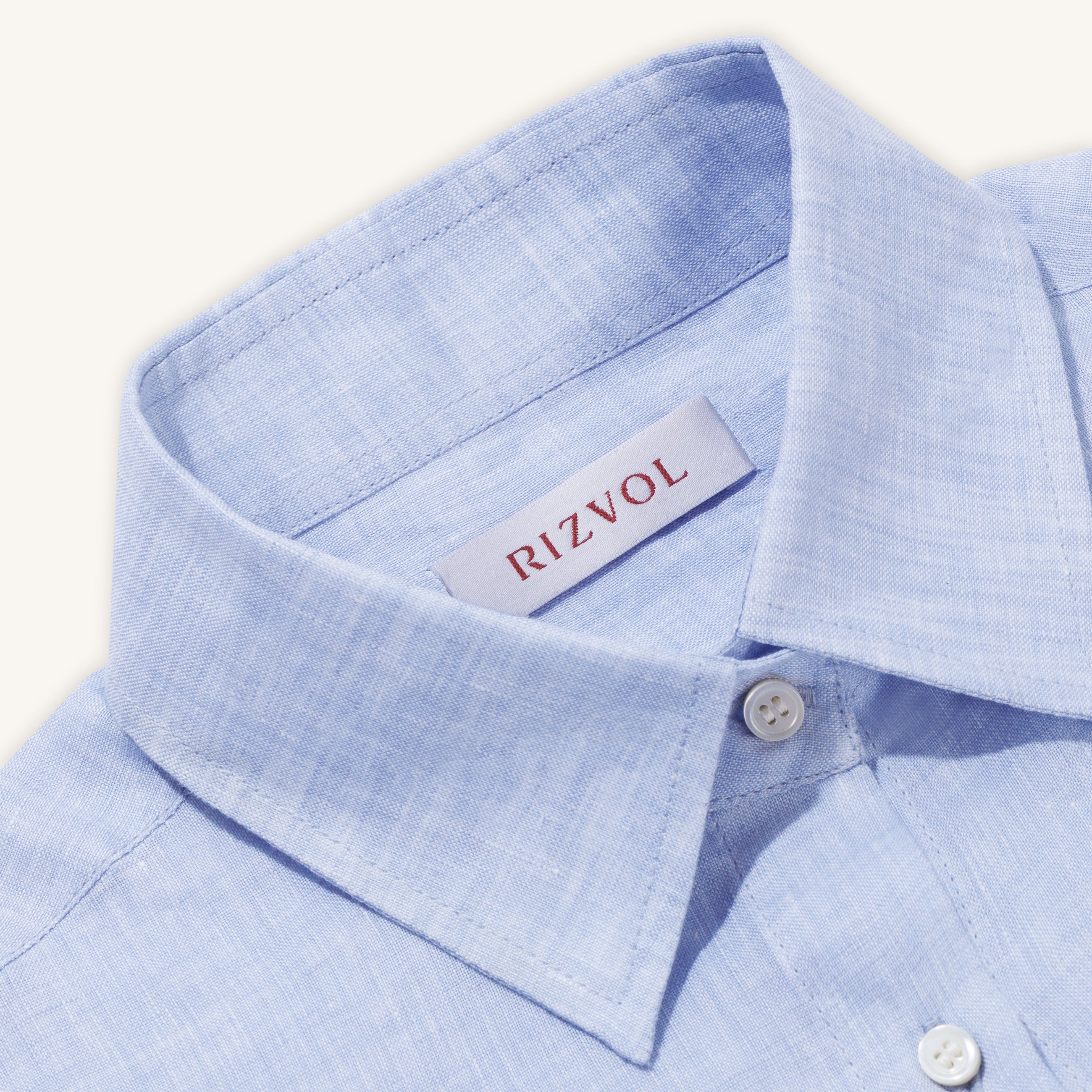 Rizvol Viola Fog Light blue women's linen shirt, close-up