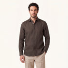 Model wearing Rizvol Ashfall linen shirt 