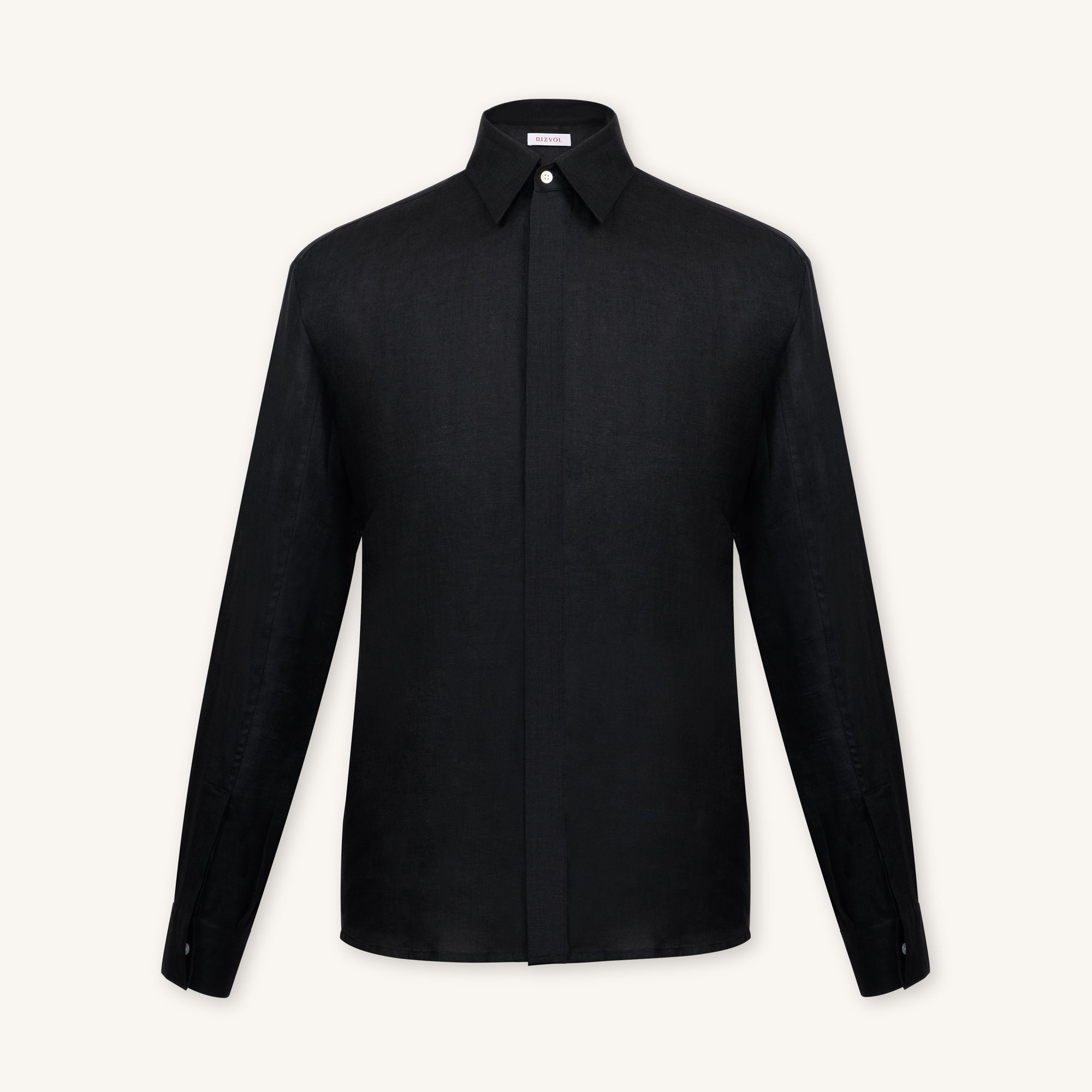 Rizvol obsidian black linen shirt, front view
