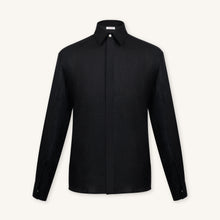 Rizvol obsidian black linen shirt, front view