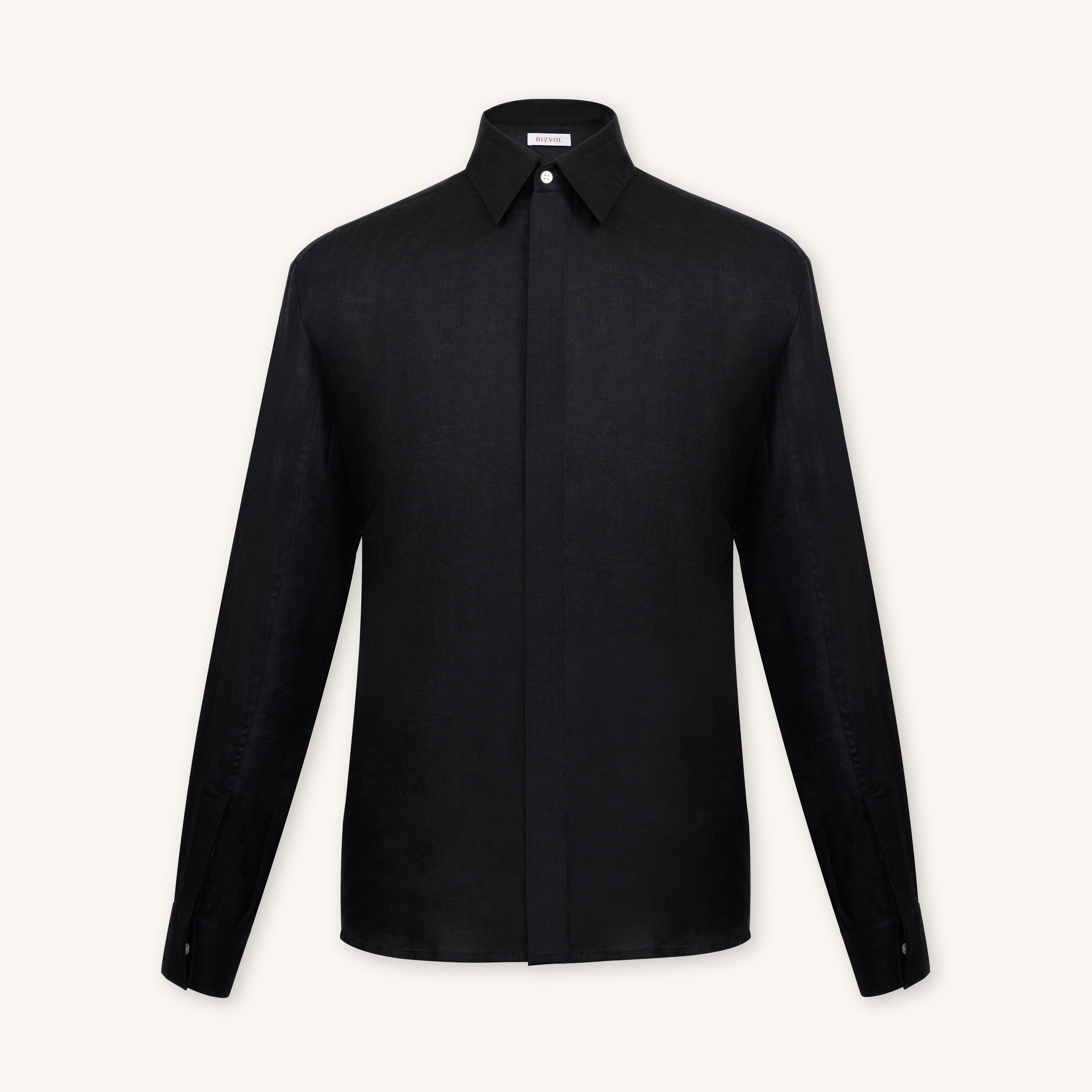 Rizvol obsidian black linen shirt, front view