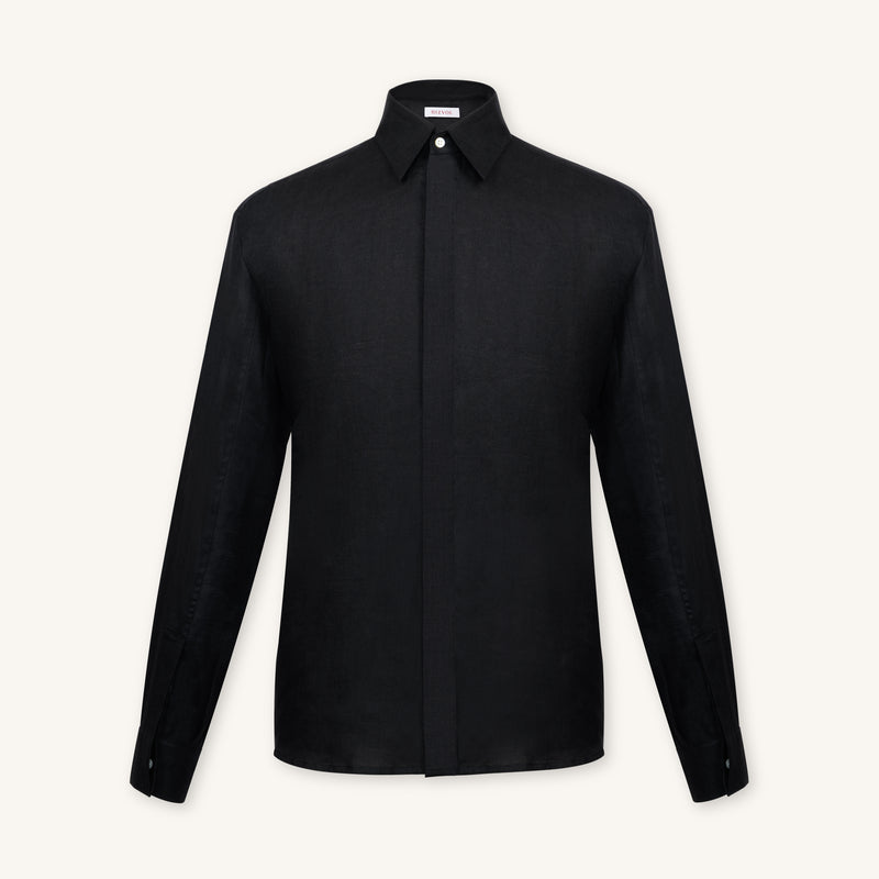 Rizvol obsidian black linen shirt, front view