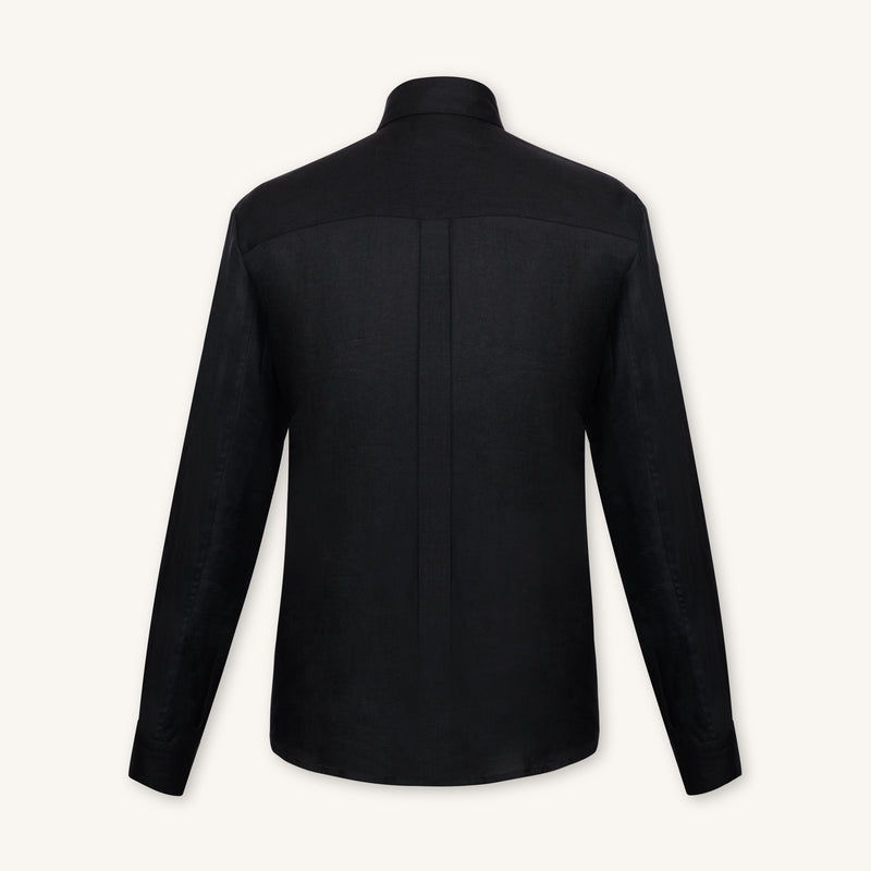 Rizvol obsidian black linen shirt, back view