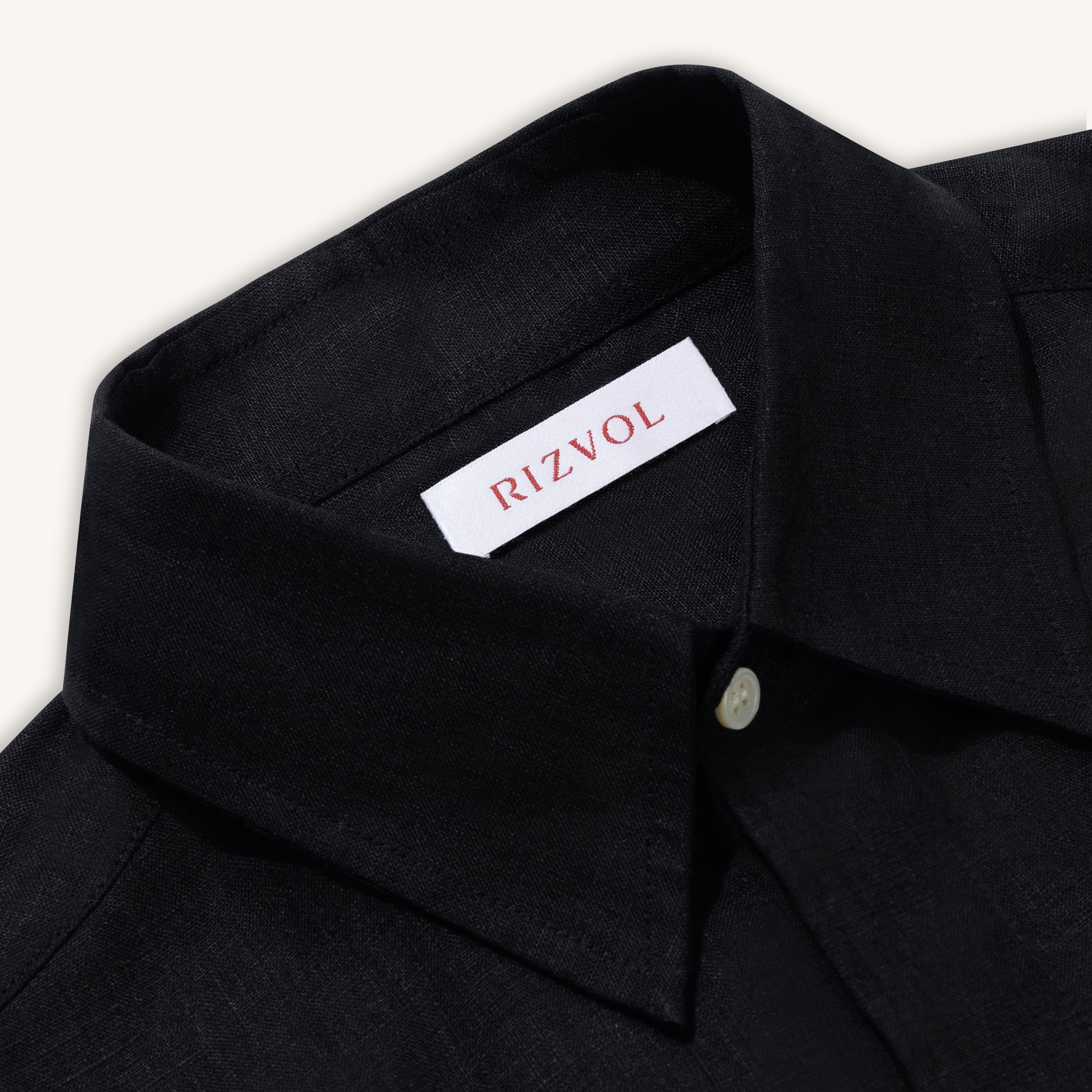 Rizvol obsidian black linen shirt, close up