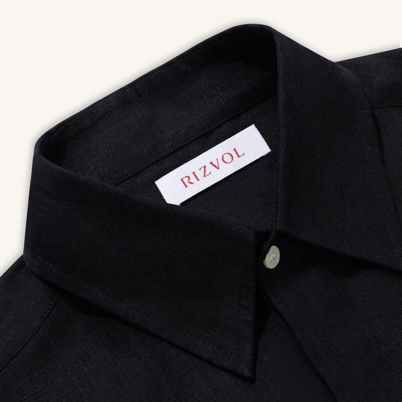 Rizvol obsidian black linen shirt, close up