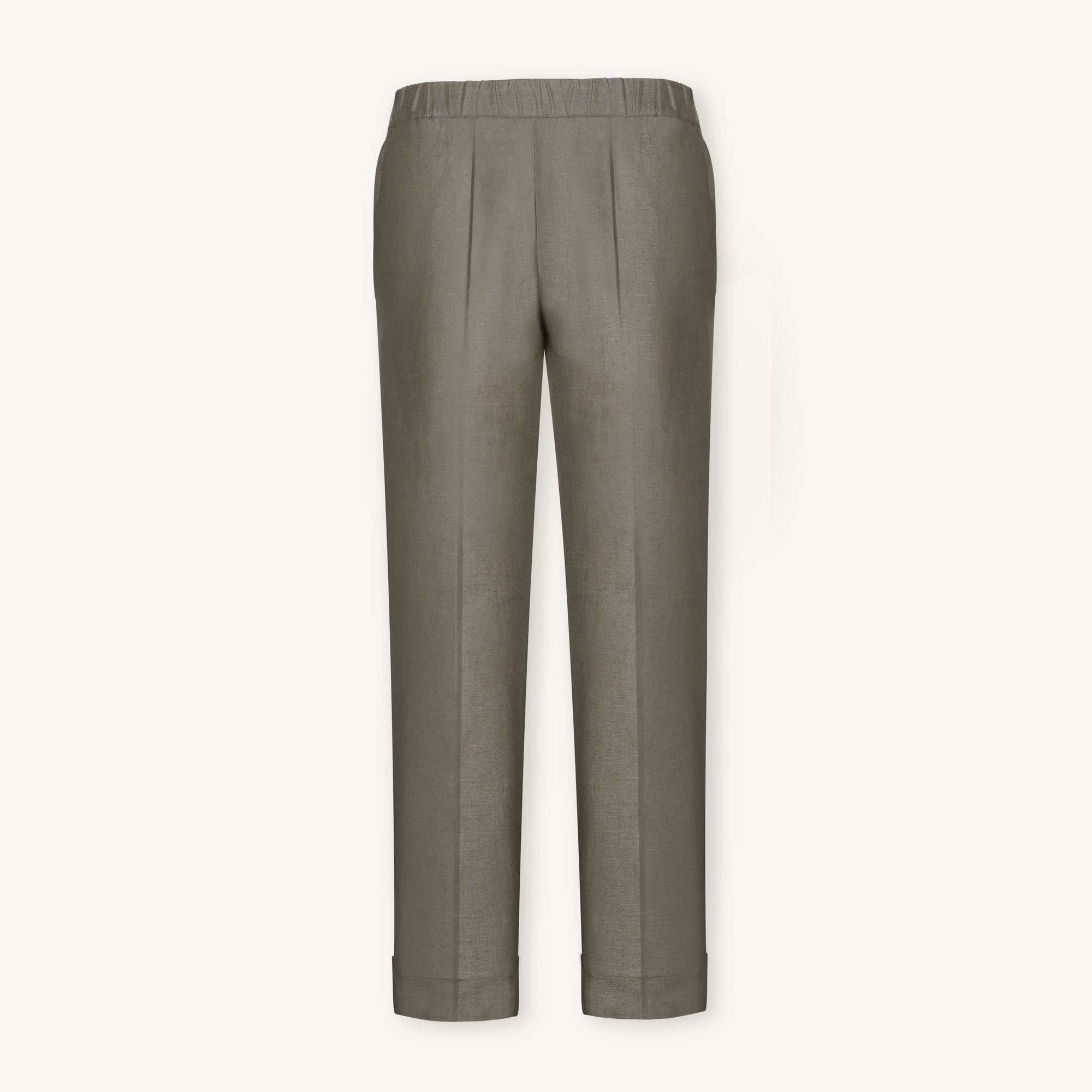 Rizvol women's smoked olive linen pants, front view