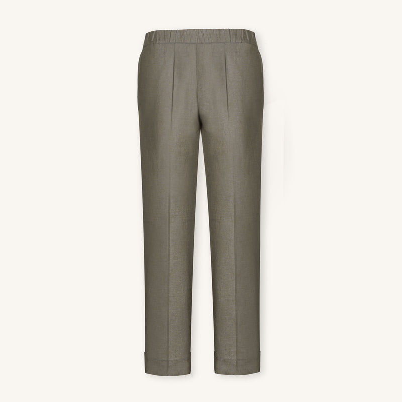 Rizvol women's smoked olive linen pants, front view