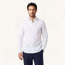 Model in Alba Linen Shirt in Milkstone