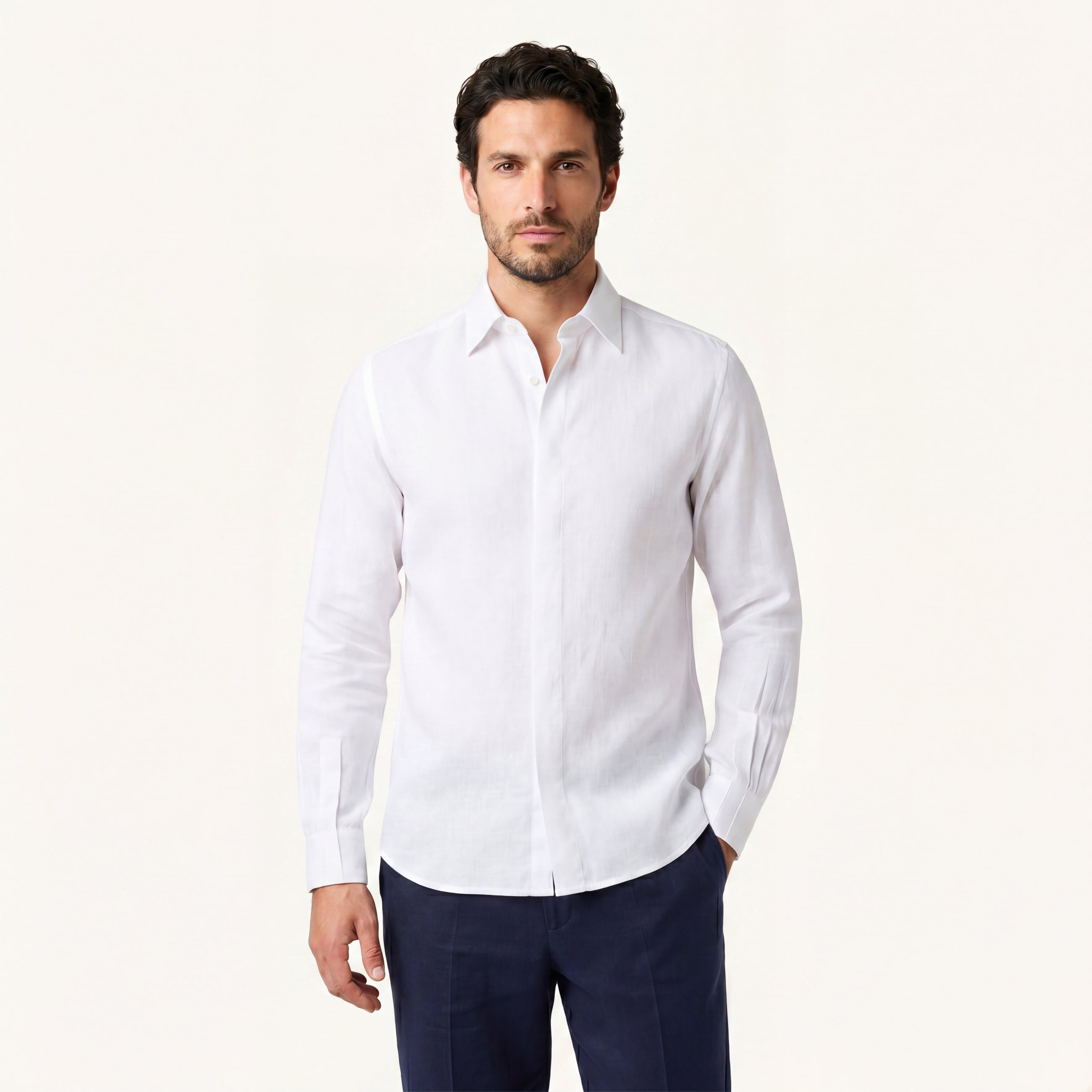 Model in Alba Linen Shirt in Milkstone