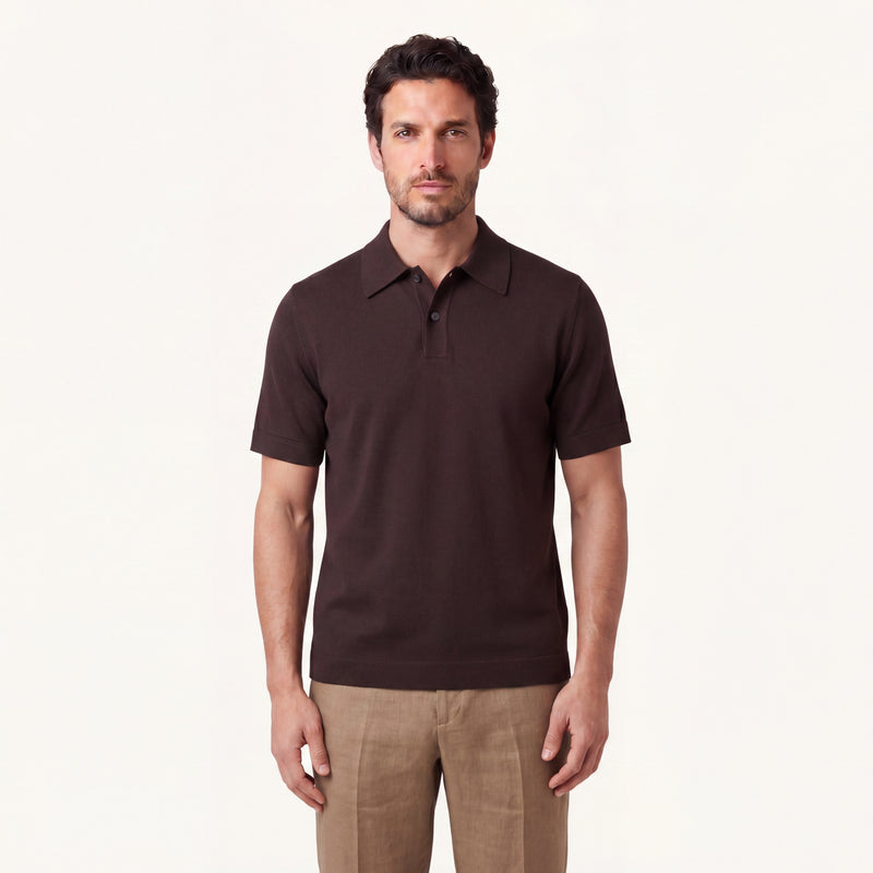 Model wearing rizvol alba cotton silk polo shirt in auburn