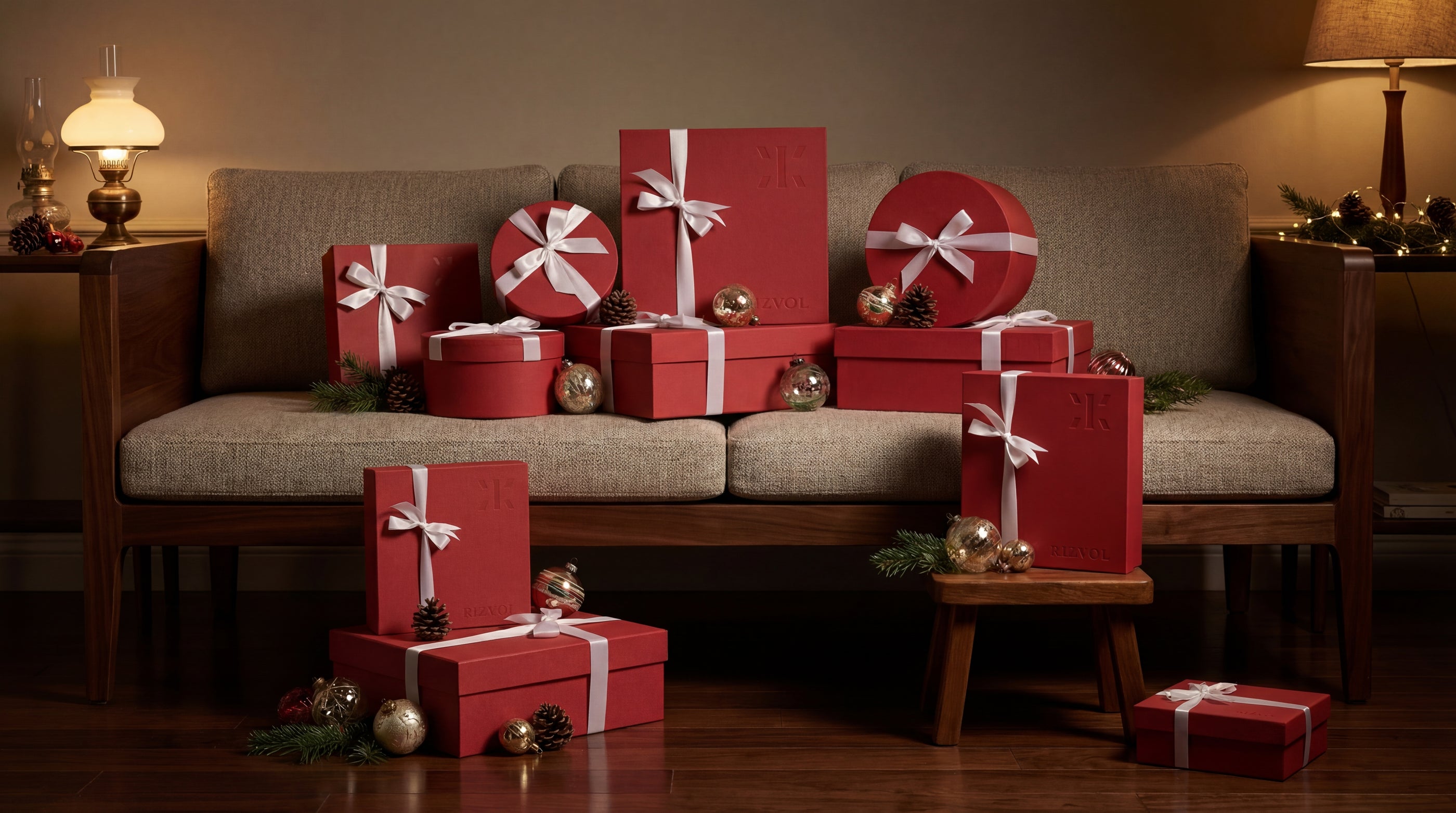 Rizvol gift boxes with white ribbons arranged on a couch and floor in a cozy living room.