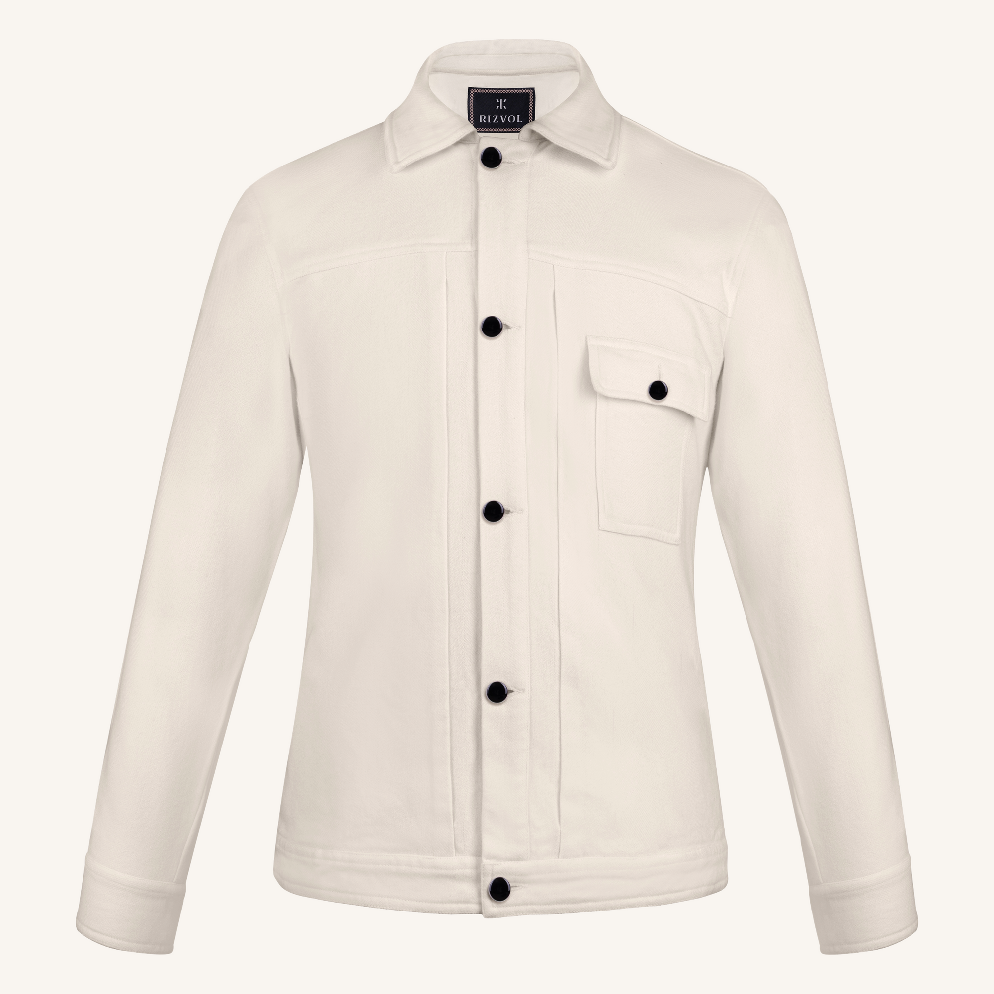 Off-White jacket with black enameled buttons on a white background