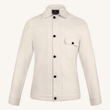 Off-White jacket with black enameled buttons on a white background
