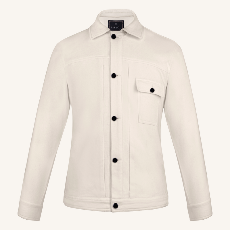 Off-White jacket with black enameled buttons on a white background