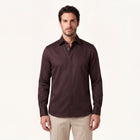 Model wearing Rizvol Auburn brown cotton silk shirt, full look
