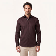 Model wearing Rizvol Auburn brown cotton silk shirt, full look