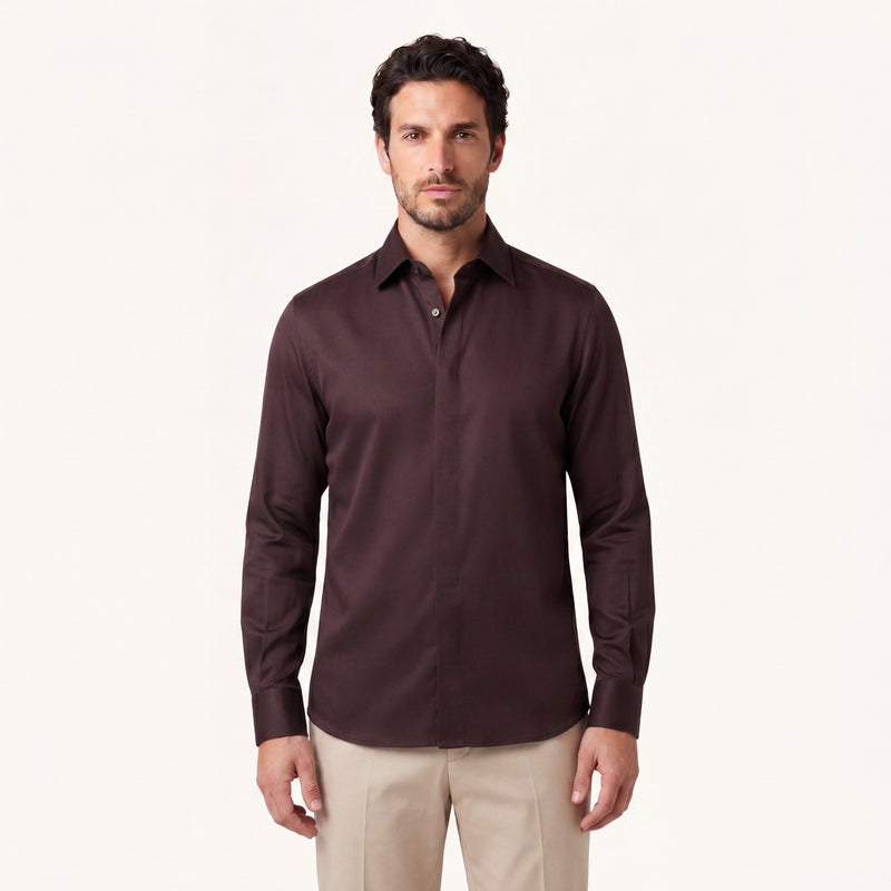 Model wearing Rizvol Auburn brown cotton silk shirt, full look