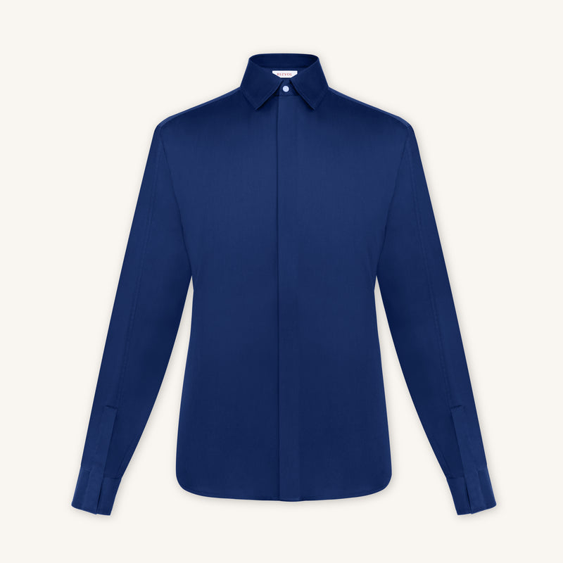 Rizvol alba cotton silk shirt in riva blue, front view