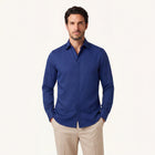 Model wearing Rizvol Cotton silk shirt in riva blue 