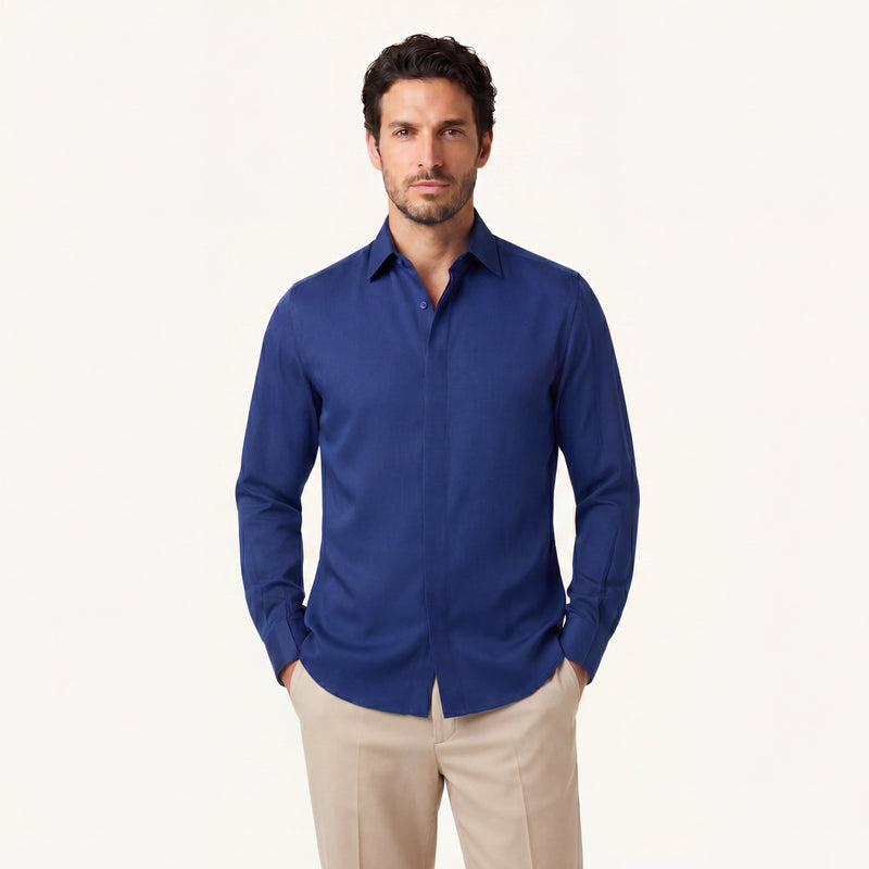 Model wearing Rizvol Cotton silk shirt in riva blue 