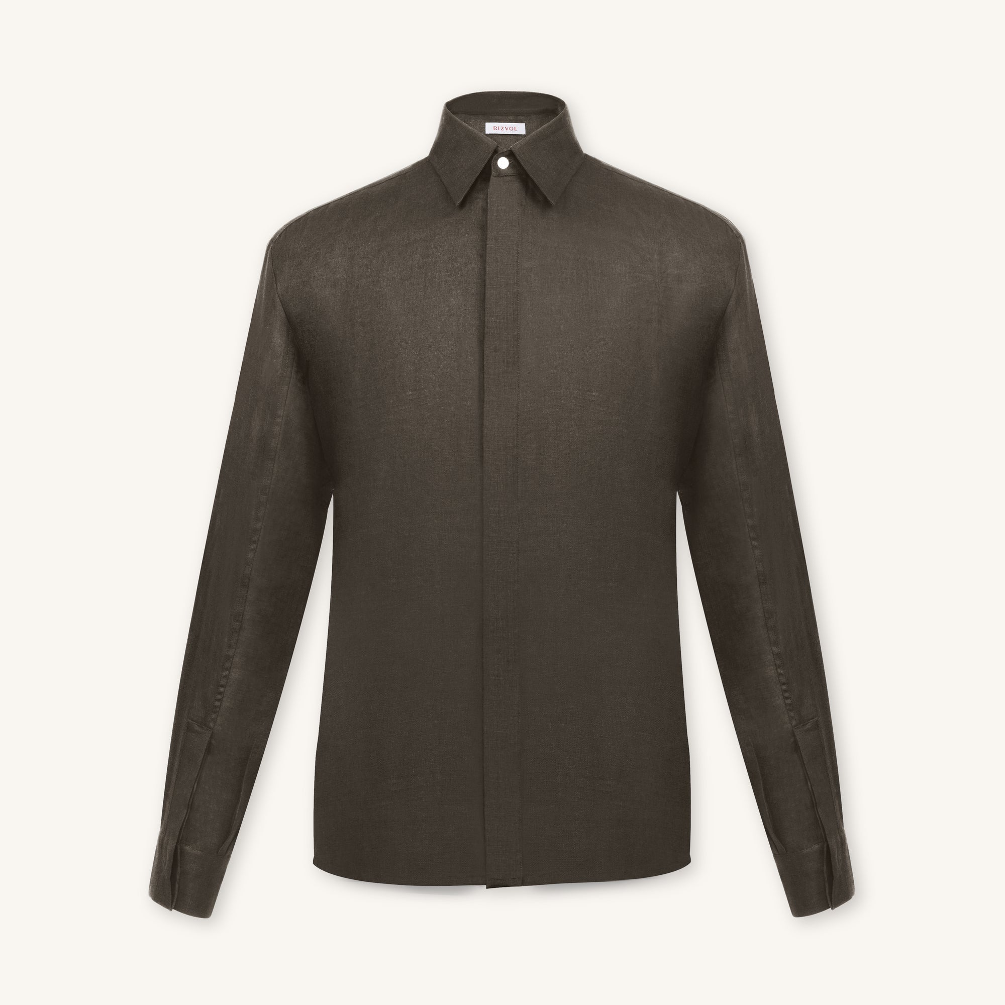 Rizvol Alba Ashfall Olive linen shirt, front view