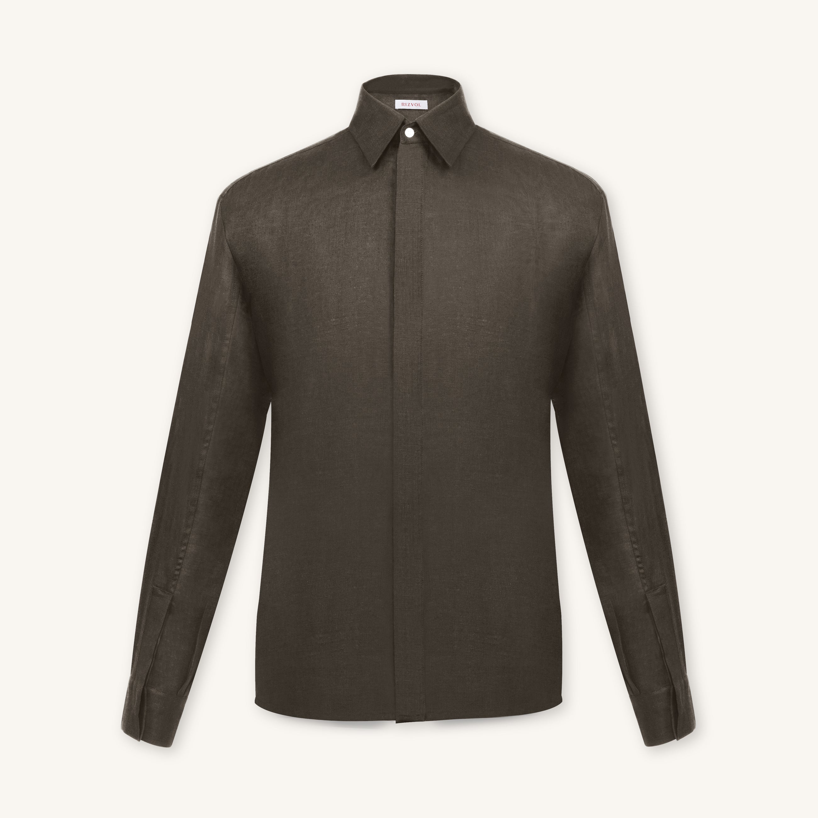 Rizvol Alba Ashfall Olive linen shirt, front view