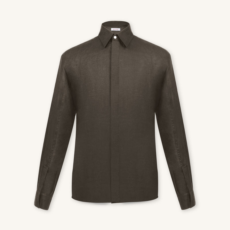 Rizvol Alba Ashfall Olive linen shirt, front view