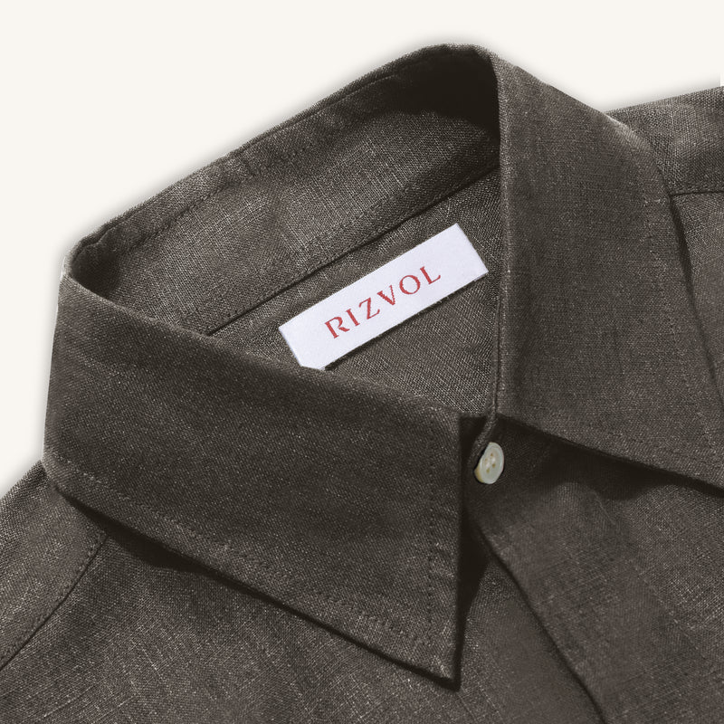 Rizvol Alba Ashfall Olive linen shirt, close-up