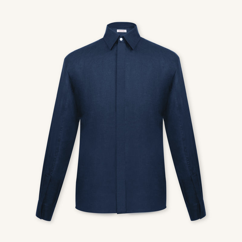 Rizvol Alba navy-blue linen shirt, front view 
