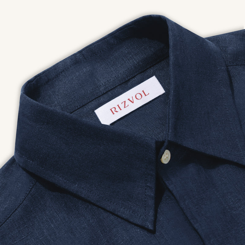 Rizvol Alba navy-blue linen shirt, close-up