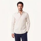 Model wearing rizvol alba linen shirt in ivory ash