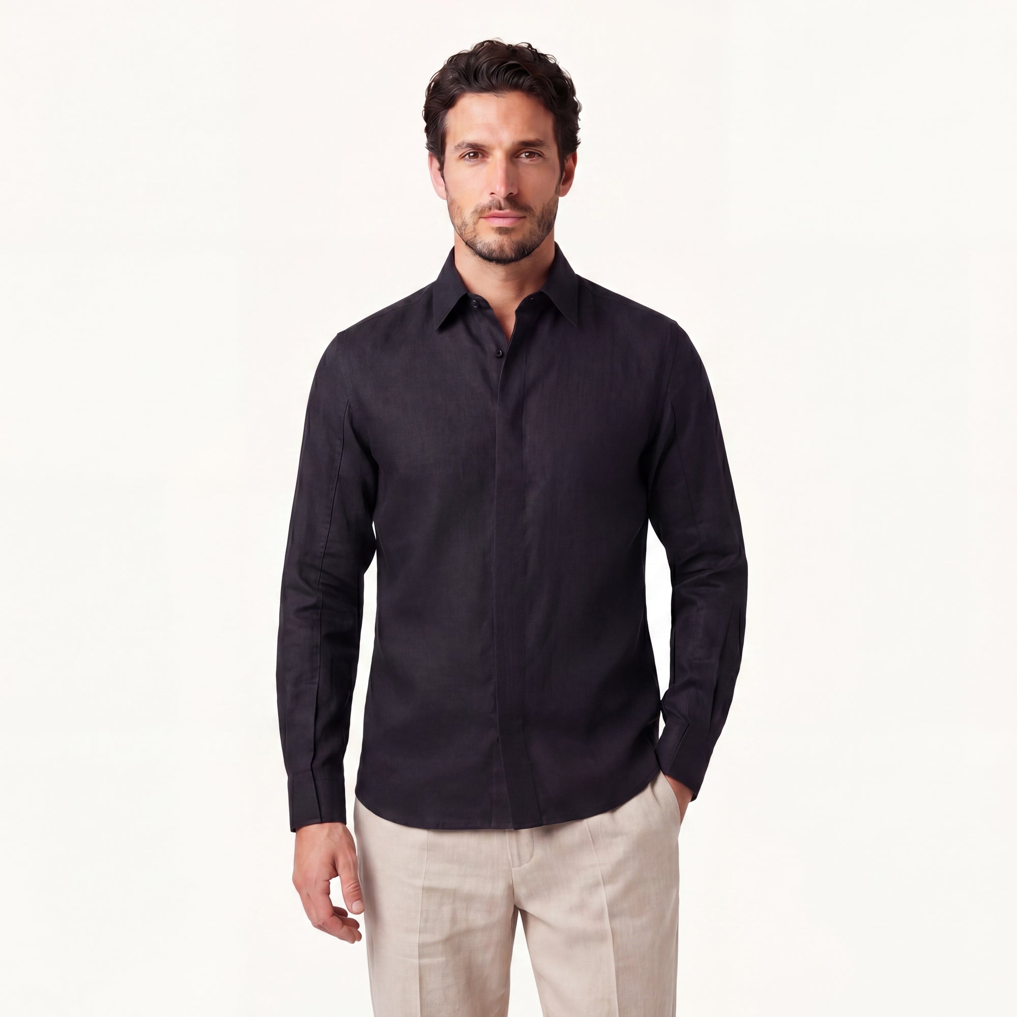 Model wearing Rizvol obsidian black linen shirt full look