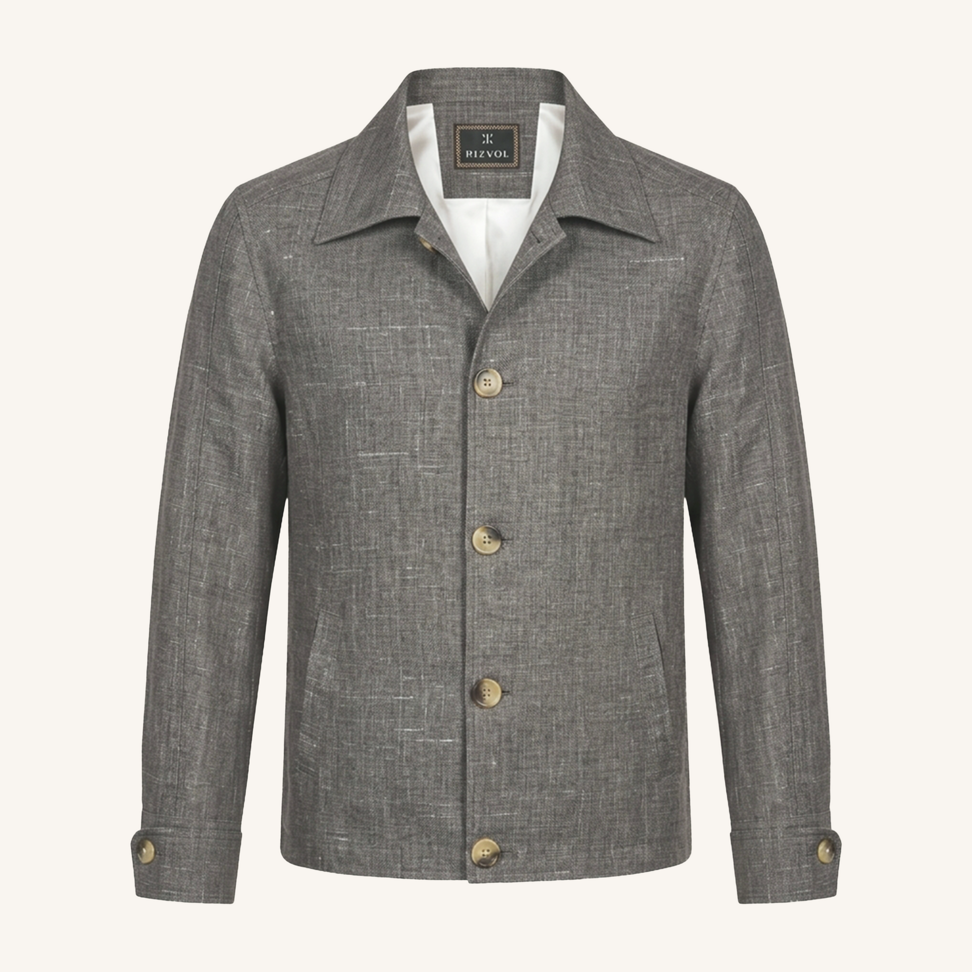 Rizvol Grey wool silk linen jacket, front view