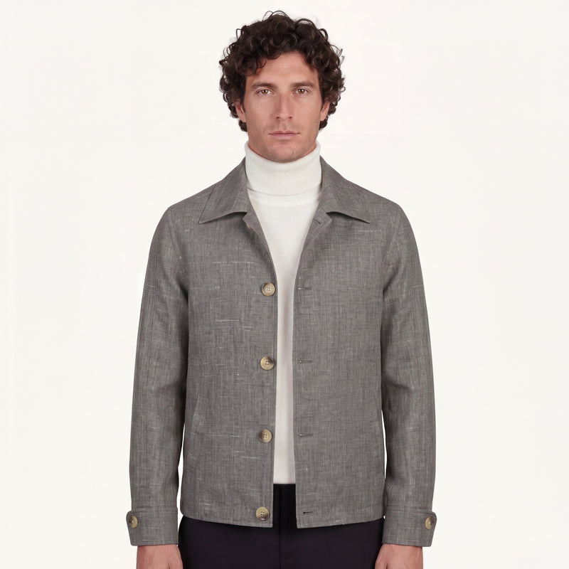 Model wearing Rizvol Grey jacket in wool silk linen