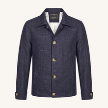 Aria wool silk linen linen jacket in navy melange , front view 