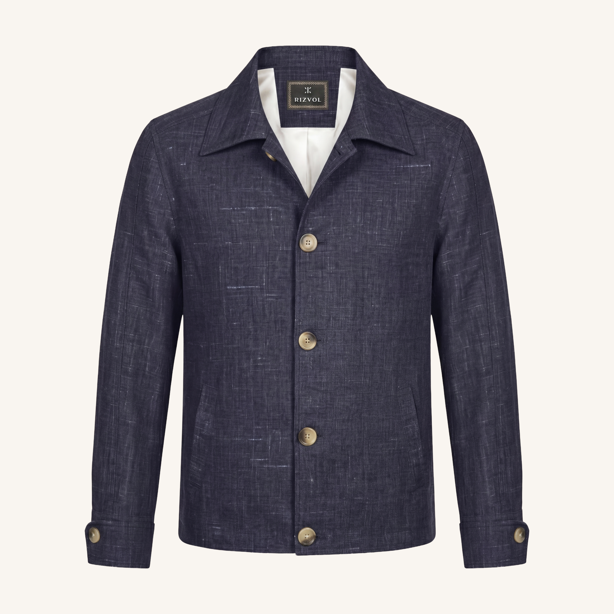 Aria wool silk linen linen jacket in navy melange , front view 