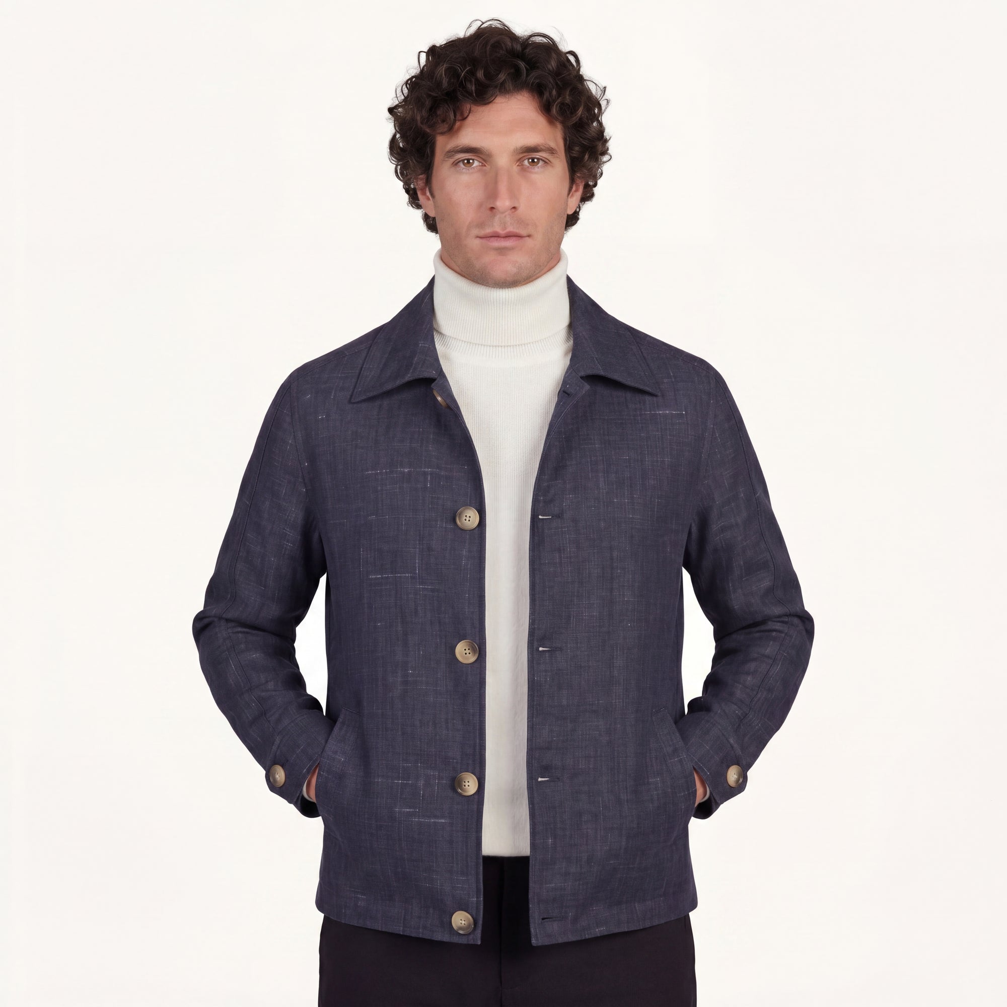 Model wearing Rizvol Aria wool silk linen jacket in navy blue