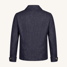Aria wool silk linen jacket in navy blue , back view