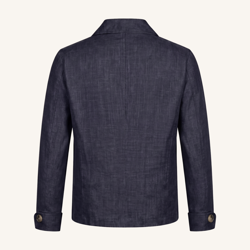 Aria wool silk linen jacket in navy blue , back view