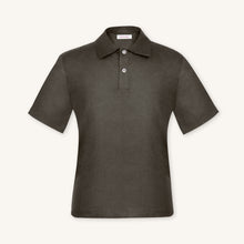 Rizvol Ashfall Olive Green linen polo shirt, front view