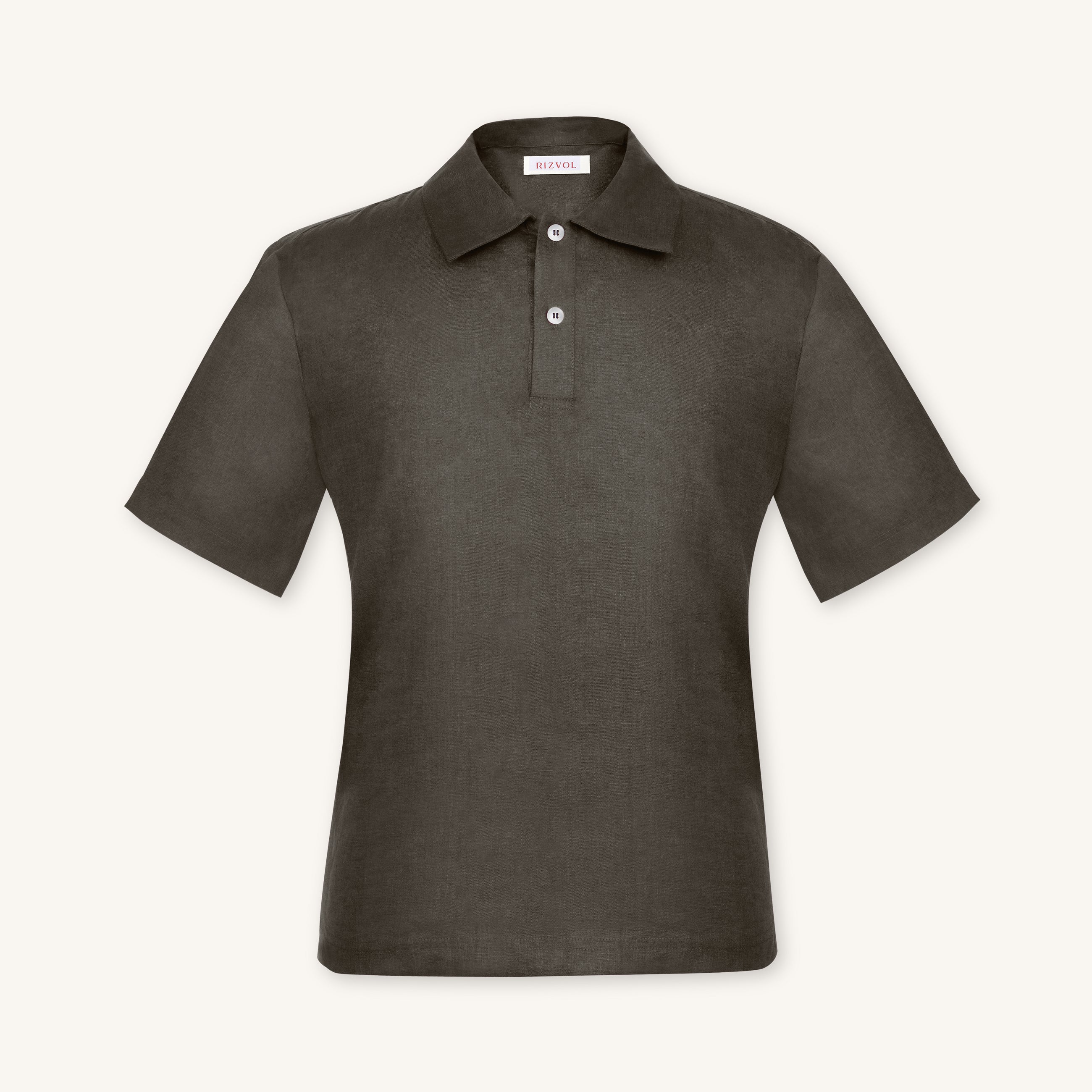 Rizvol Ashfall Olive Green linen polo shirt, front view