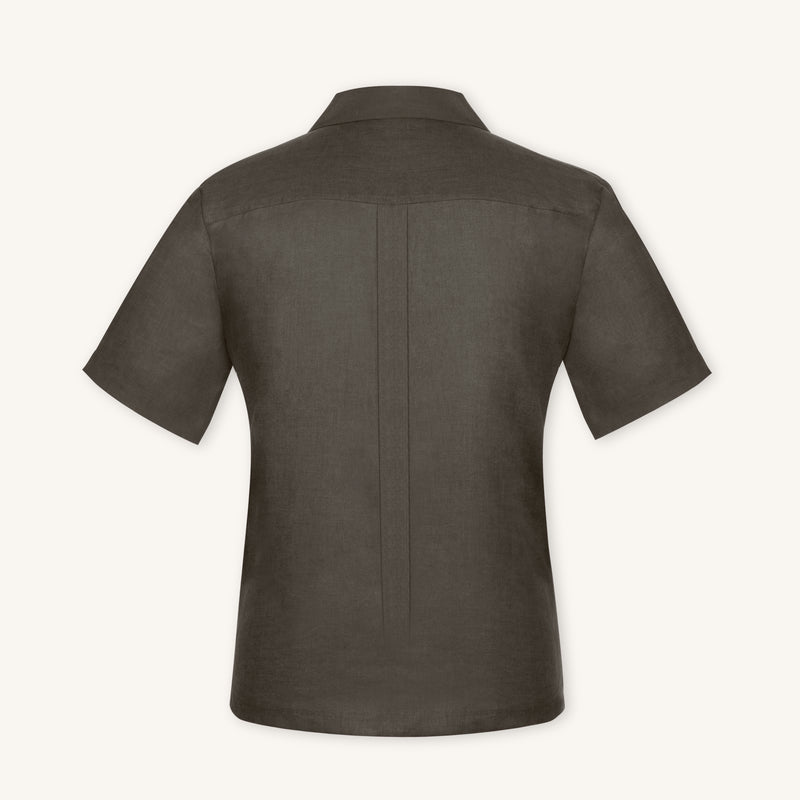 Rizvol Ashfall Olive Green linen polo shirt, back view