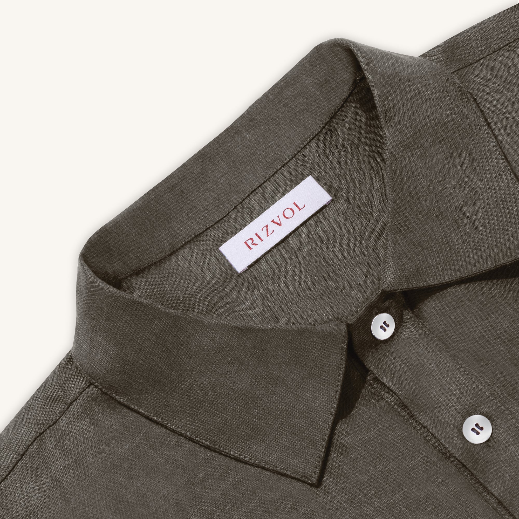 Rizvol Ashfall Olive Green linen polo shirt, close-up
