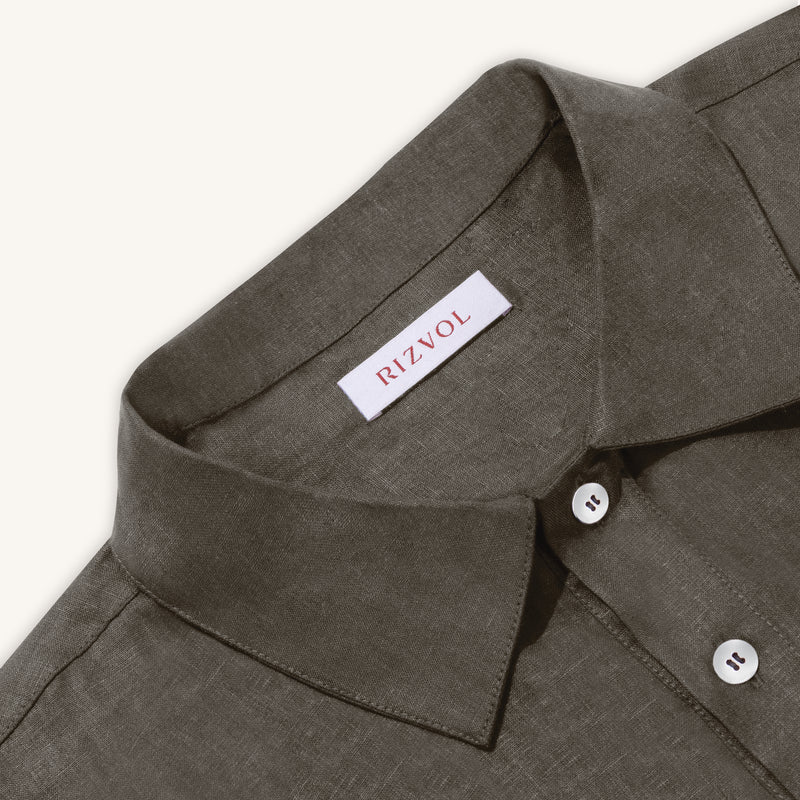 Rizvol Ashfall Olive Green linen polo shirt, close-up